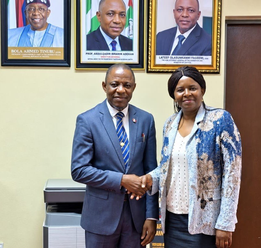Executive Director of the African Center, Juliet Ibekaku-Nwagwu, shaking hands with the Director-General of NIALS during the courtesy visit